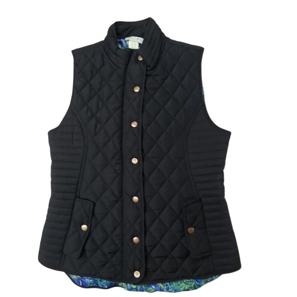 VTG Caribbean Joe Quilted Vest Black Blue Floral Lining‎ Stand Collar Pockets M